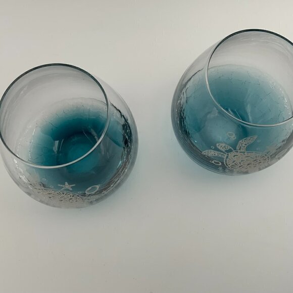 Set of 2 Sea Turtle Stemless Wine Glasses Crackle Glass EUC - Picture 2 of 7